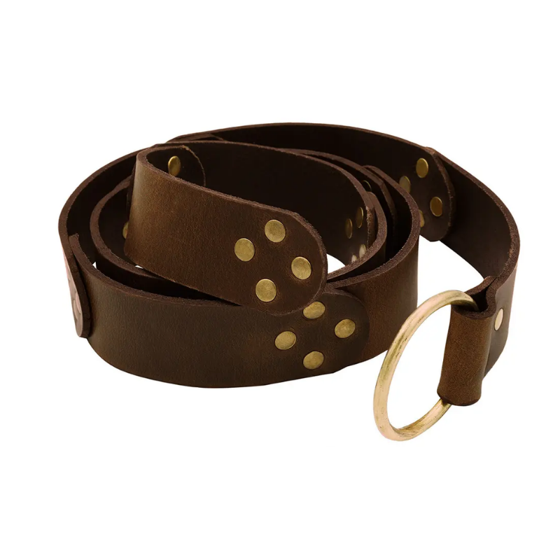 A dark brown leather belt with brass studs and a large round brass ring, coiled on a white background.