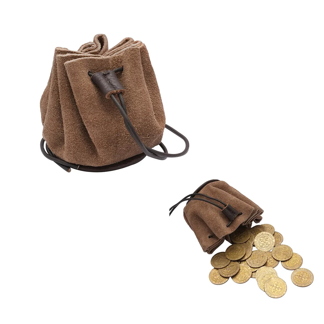 Suede Drawstring Circle Pouch with Leather Toggle -  Small