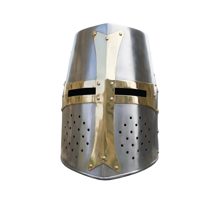 Steel 13th Century Crusader Great Helm with Brass Cross Overlay