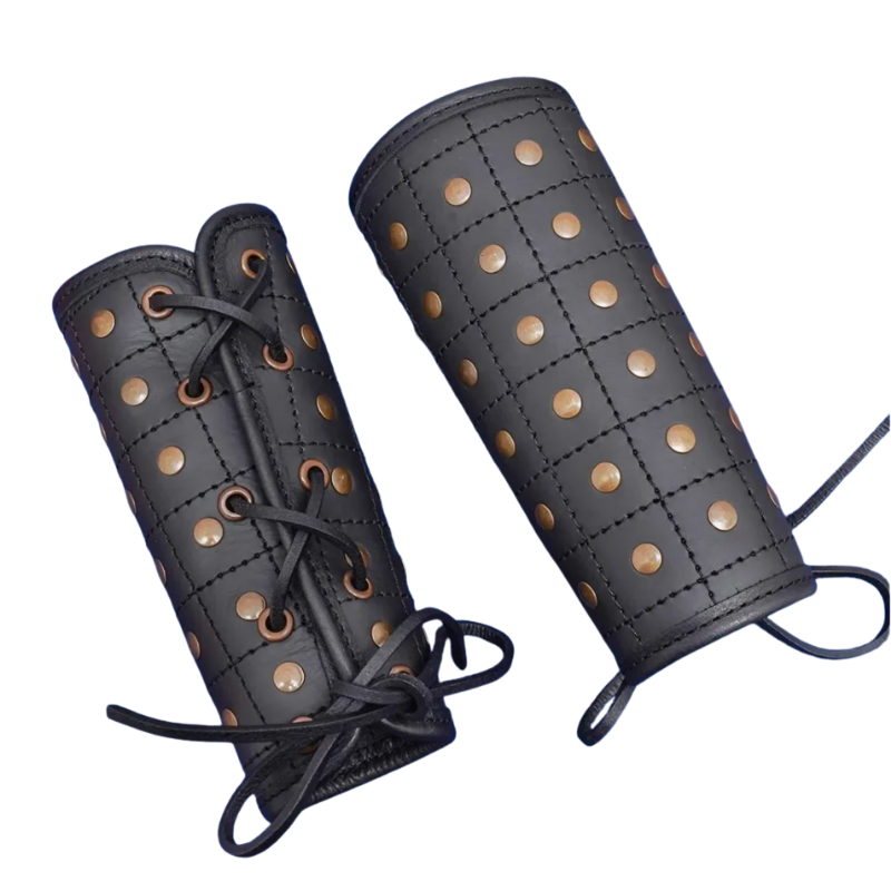 Leather Bracer With Grid Pattern Brass Rivets